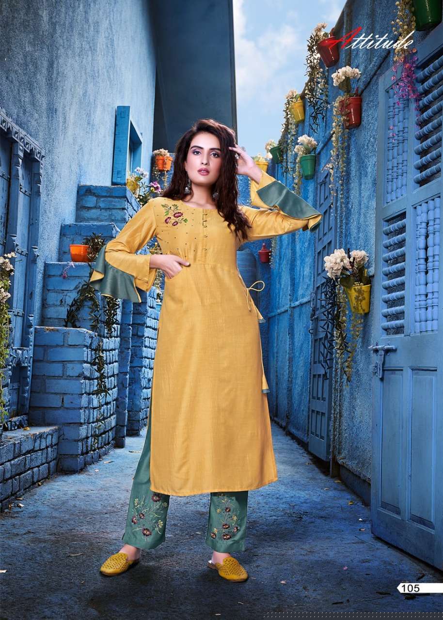 SHOW ME BY ATTITUDE 101 TO 106 SERIES BEAUTIFUL STYLISH COLORFUL FANCY PARTY WEAR & ETHNIC WEAR & READY TO WEAR CHINON SOFT SILK KURTIS AT WHOLESALE PRICE