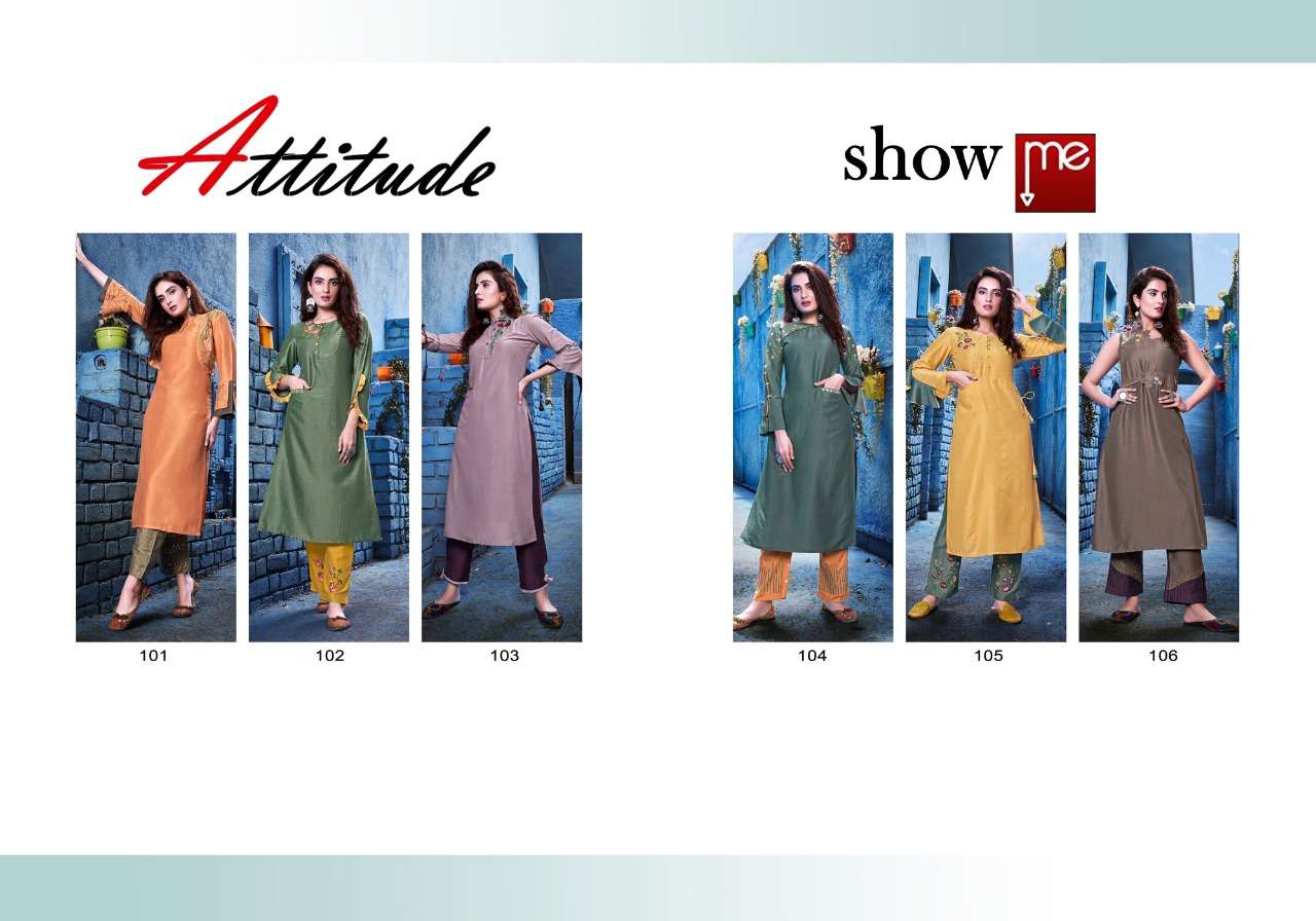 SHOW ME BY ATTITUDE 101 TO 106 SERIES BEAUTIFUL STYLISH COLORFUL FANCY PARTY WEAR & ETHNIC WEAR & READY TO WEAR CHINON SOFT SILK KURTIS AT WHOLESALE PRICE