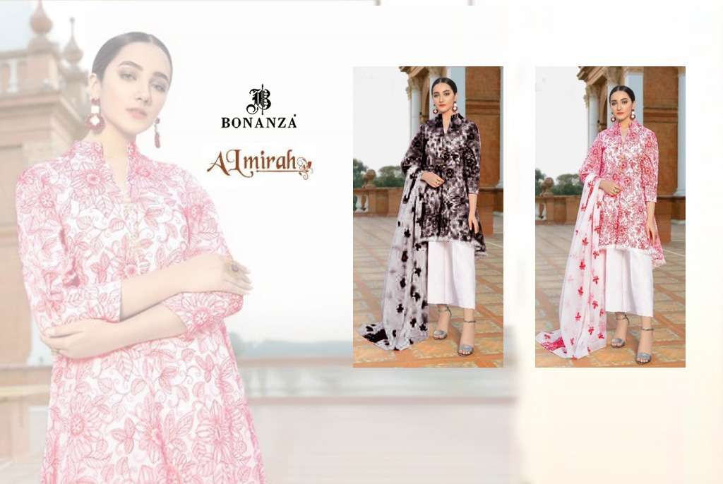 ALMIRAH BY BONANZA 01 TO 02 SERIES BEAUTIFUL SUITS STYLISH FANCY COLORFUL PARTY WEAR & OCCASIONAL WEAR PURE LAWN COTTON HEAVY EMBROIDERY DRESSES AT WHOLESALE PRICE