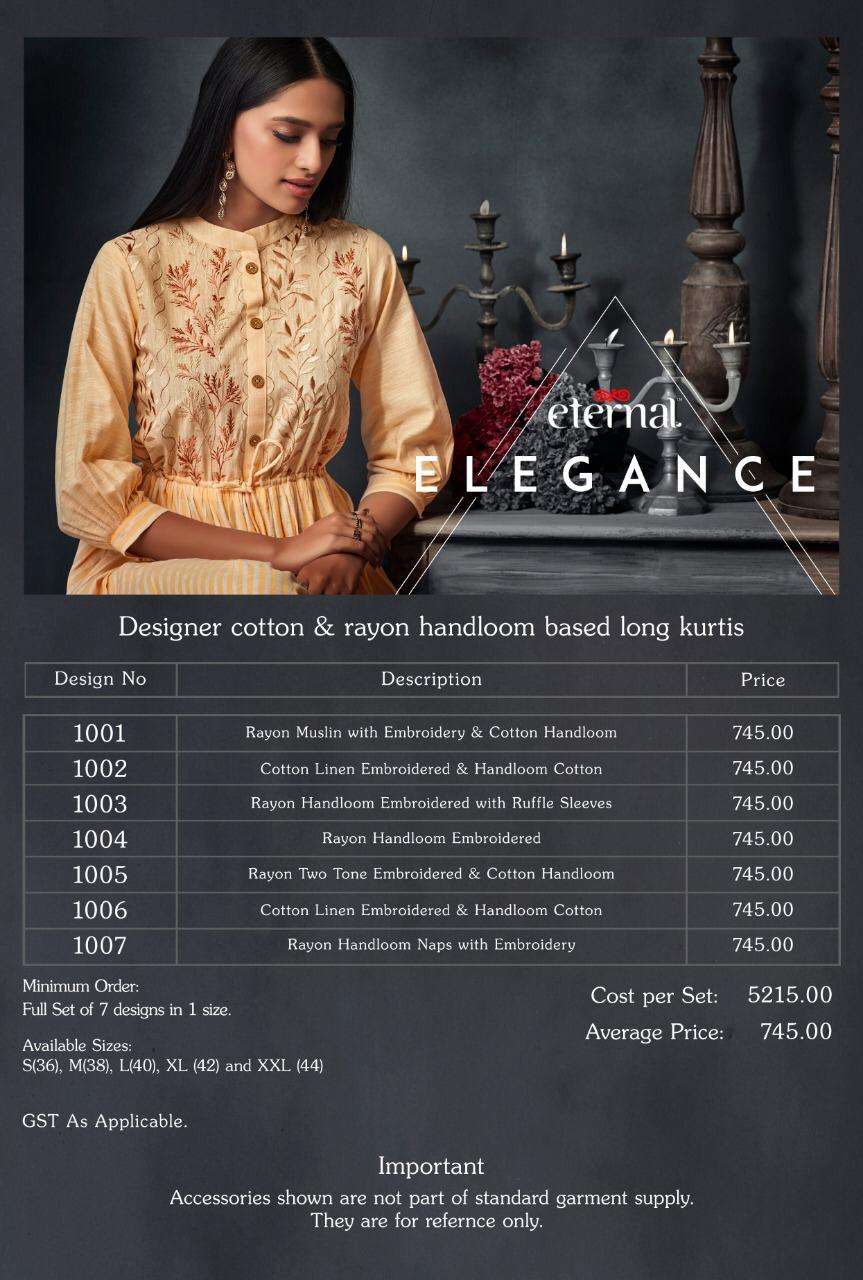 ELEGANCE BY ETERNAL 1001 TO 1007 SERIES BEAUTIFUL STYLISH FANCY COLORFUL CASUAL WEAR & ETHNIC WEAR & READY TO WEAR COTTON & RAYON WITH EMBROIDERY KURTIS AT WHOLESALE PRICE