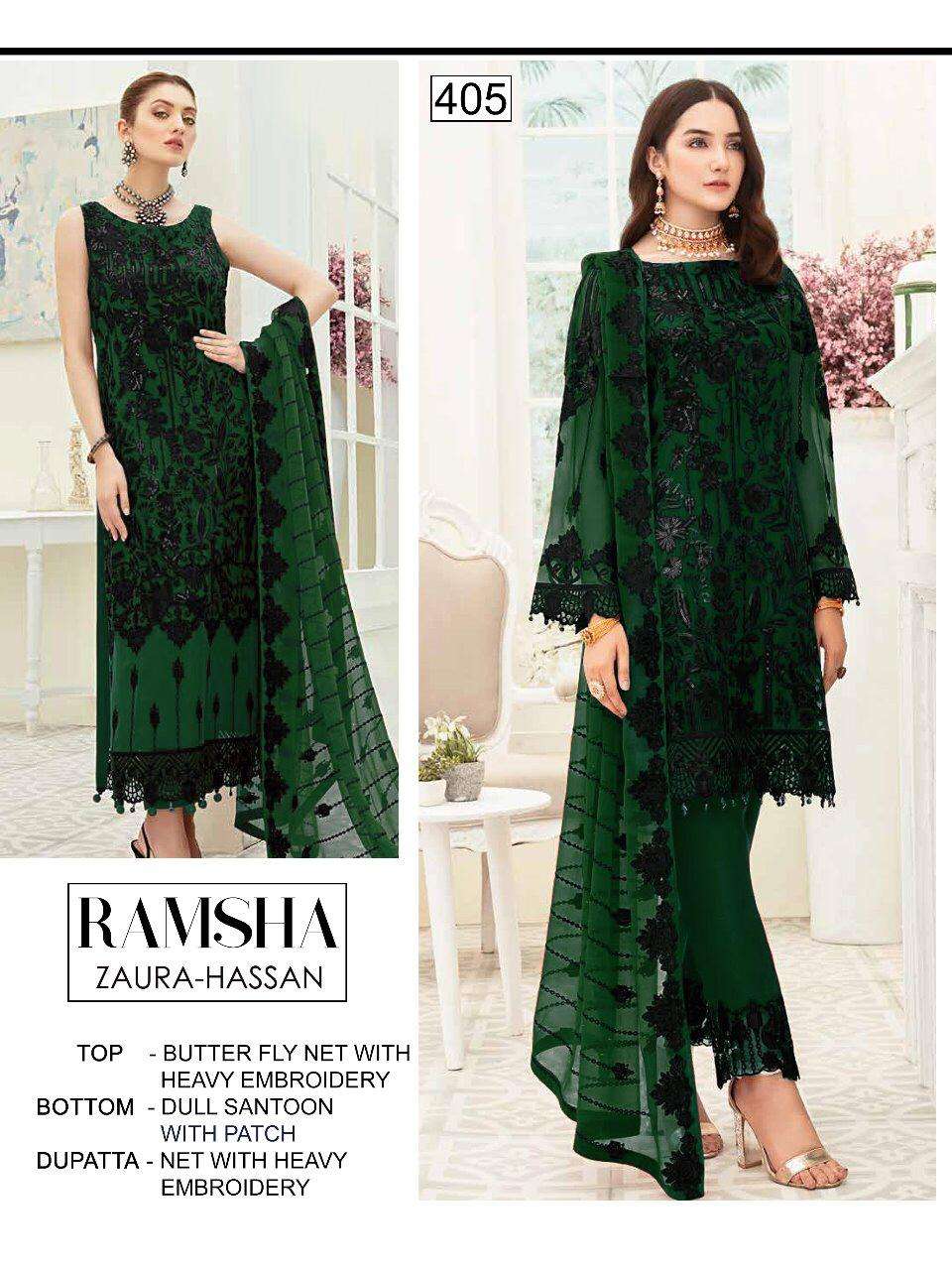 RAMSHA BY ZAURA HASAN 405 TO 408 SERIES BEAUTIFUL SUITS STYLISH FANCY COLORFUL PARTY WEAR & OCCASIONAL WEAR BUTTERFLY NET WITH HEAVY EMBROIDERY DRESSES AT WHOLESALE PRICE