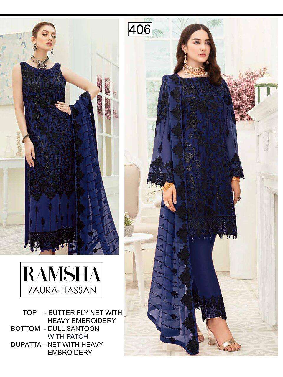 RAMSHA BY ZAURA HASAN 405 TO 408 SERIES BEAUTIFUL SUITS STYLISH FANCY COLORFUL PARTY WEAR & OCCASIONAL WEAR BUTTERFLY NET WITH HEAVY EMBROIDERY DRESSES AT WHOLESALE PRICE