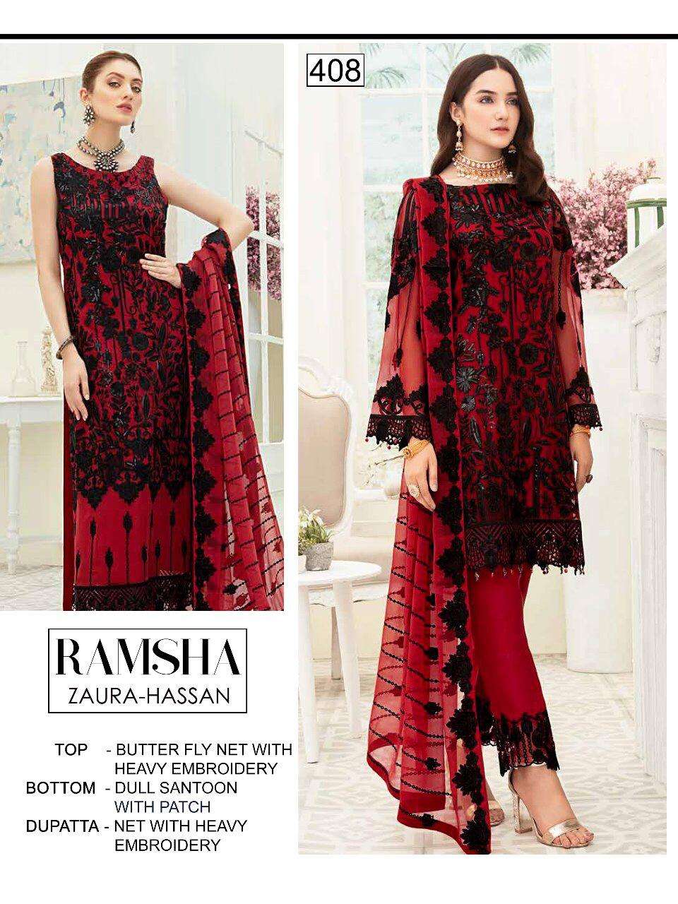 RAMSHA BY ZAURA HASAN 405 TO 408 SERIES BEAUTIFUL SUITS STYLISH FANCY COLORFUL PARTY WEAR & OCCASIONAL WEAR BUTTERFLY NET WITH HEAVY EMBROIDERY DRESSES AT WHOLESALE PRICE