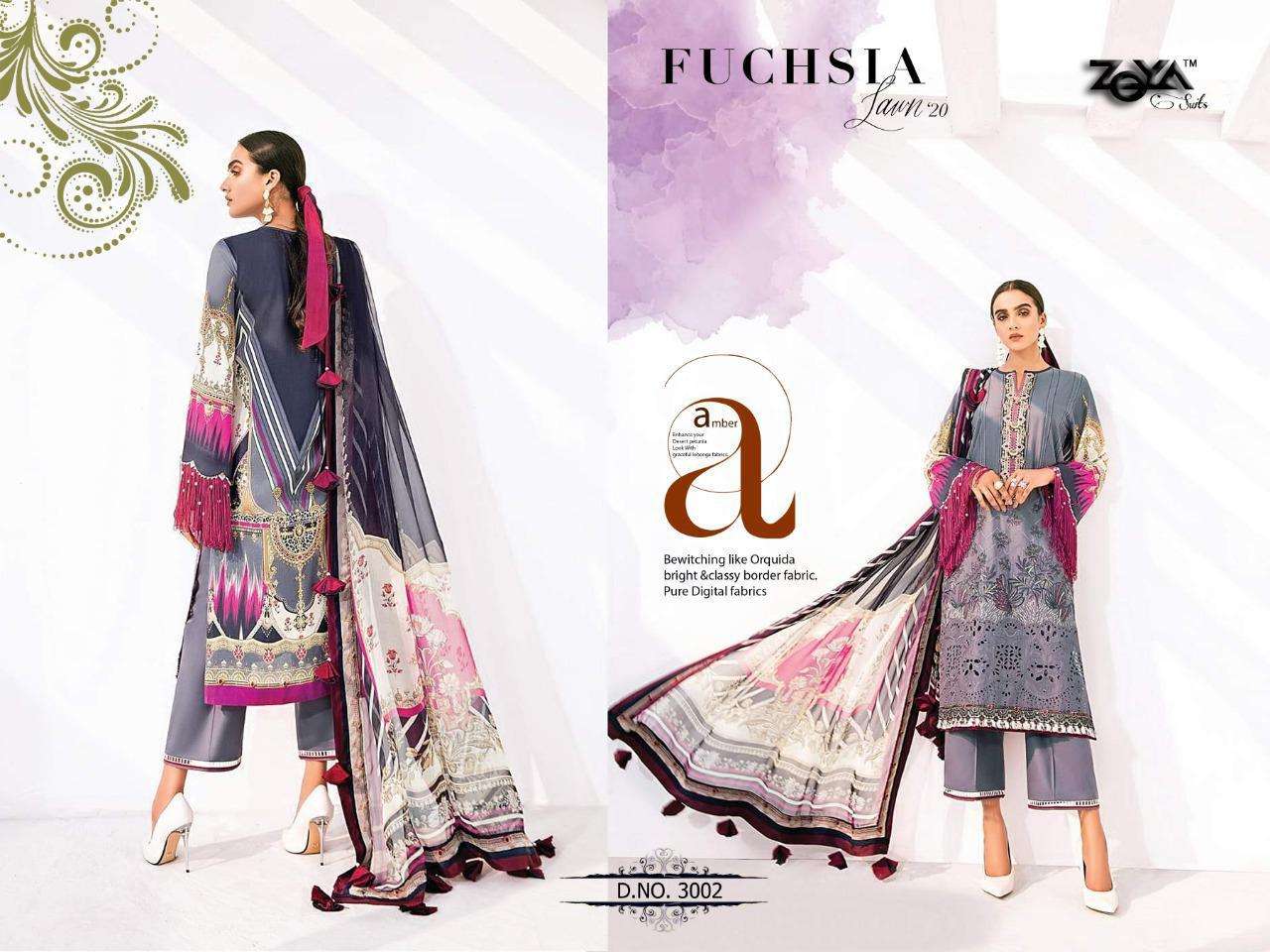 FUCHASIA LAWN VOL-20 BY ZOYA SUITS 3001 TO 3006 SERIES BEAUTIFUL SUITS STYLISH FANCY COLORFUL PARTY WEAR & OCCASIONAL WEAR COTTON PRINTED WITH HEAVY EMBROIDERY DRESSES AT WHOLESALE PRICE