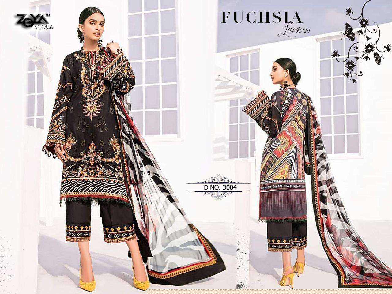 FUCHASIA LAWN VOL-20 BY ZOYA SUITS 3001 TO 3006 SERIES BEAUTIFUL SUITS STYLISH FANCY COLORFUL PARTY WEAR & OCCASIONAL WEAR COTTON PRINTED WITH HEAVY EMBROIDERY DRESSES AT WHOLESALE PRICE