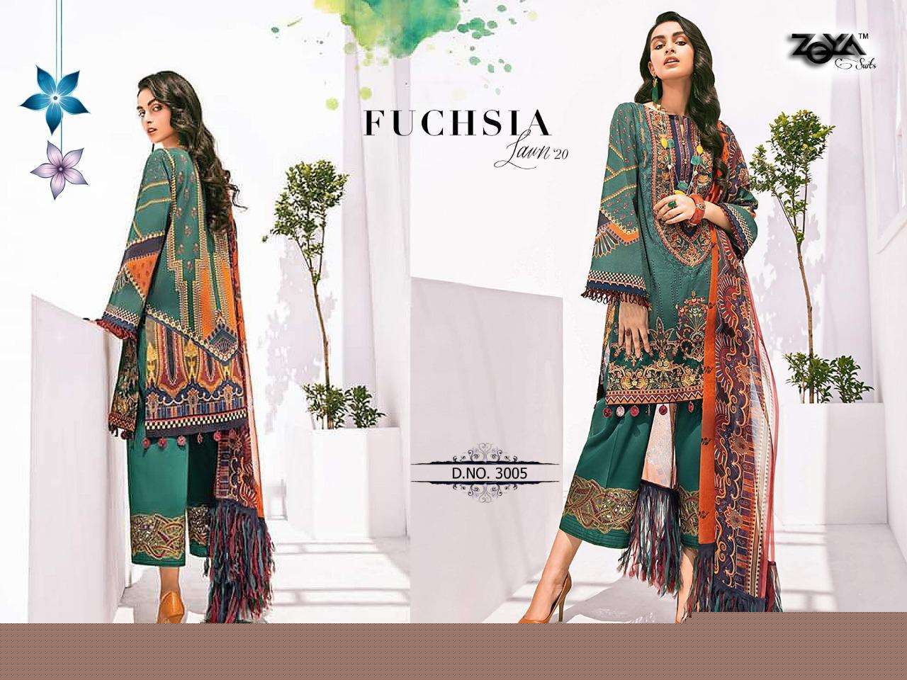 FUCHASIA LAWN VOL-20 BY ZOYA SUITS 3001 TO 3006 SERIES BEAUTIFUL SUITS STYLISH FANCY COLORFUL PARTY WEAR & OCCASIONAL WEAR COTTON PRINTED WITH HEAVY EMBROIDERY DRESSES AT WHOLESALE PRICE