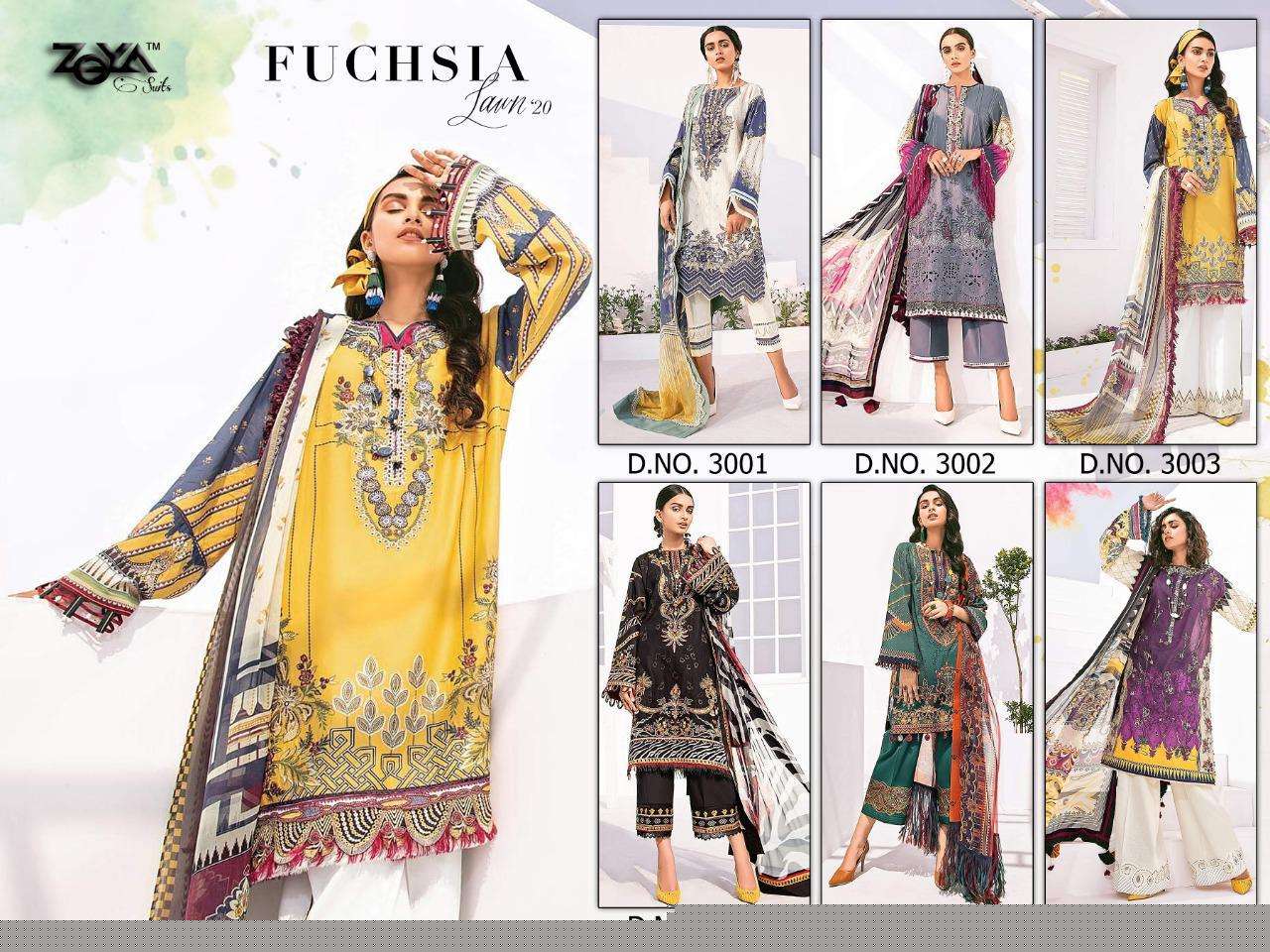FUCHASIA LAWN VOL-20 BY ZOYA SUITS 3001 TO 3006 SERIES BEAUTIFUL SUITS STYLISH FANCY COLORFUL PARTY WEAR & OCCASIONAL WEAR COTTON PRINTED WITH HEAVY EMBROIDERY DRESSES AT WHOLESALE PRICE