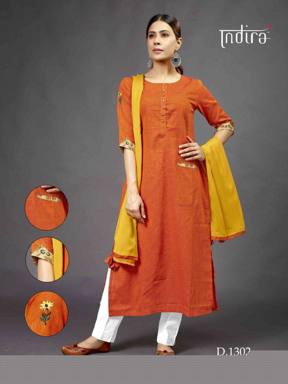 SADA BAHAR BY INDIRA 1301 TO 1306 SERIES BEAUTIFUL COLORFUL STYLISH FANCY CASUAL WEAR & ETHNIC WEAR & READY TO WEAR PURE SUMMER COTTON KURTIS WITH DUPATTA AT WHOLESALE PRICE