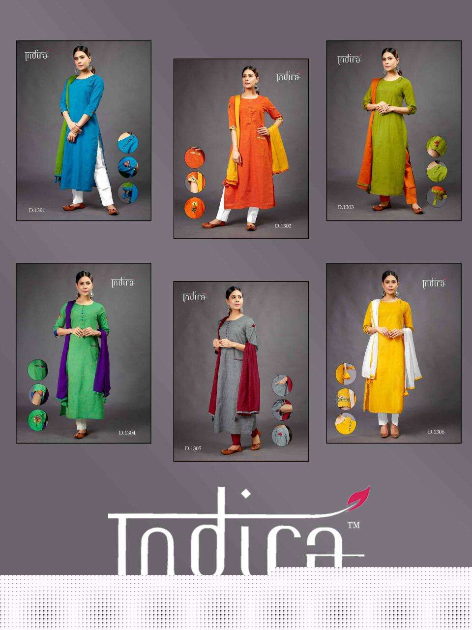 SADA BAHAR BY INDIRA 1301 TO 1306 SERIES BEAUTIFUL COLORFUL STYLISH FANCY CASUAL WEAR & ETHNIC WEAR & READY TO WEAR PURE SUMMER COTTON KURTIS WITH DUPATTA AT WHOLESALE PRICE