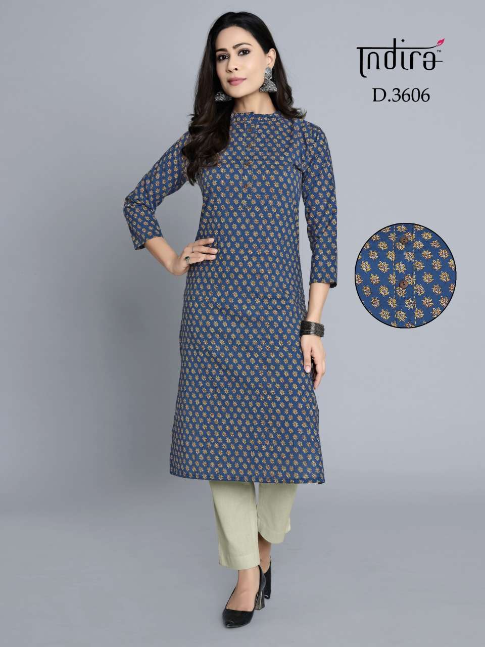 ROZANA VOL-3 BY INDIRA 3601 TO 3608 SERIES BEAUTIFUL COLORFUL STYLISH FANCY CASUAL WEAR & ETHNIC WEAR & READY TO WEAR JAIPURI BLOCK PRINTED CAMBRIC COTTON PRINTED KURTIS AT WHOLESALE PRICE