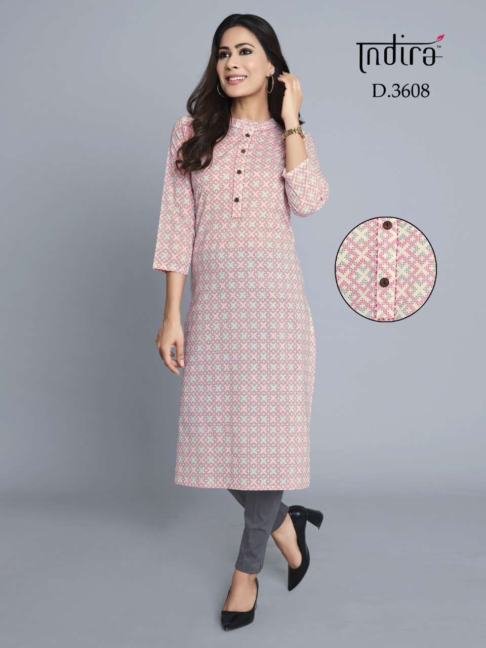 ROZANA VOL-3 BY INDIRA 3601 TO 3608 SERIES BEAUTIFUL COLORFUL STYLISH FANCY CASUAL WEAR & ETHNIC WEAR & READY TO WEAR JAIPURI BLOCK PRINTED CAMBRIC COTTON PRINTED KURTIS AT WHOLESALE PRICE