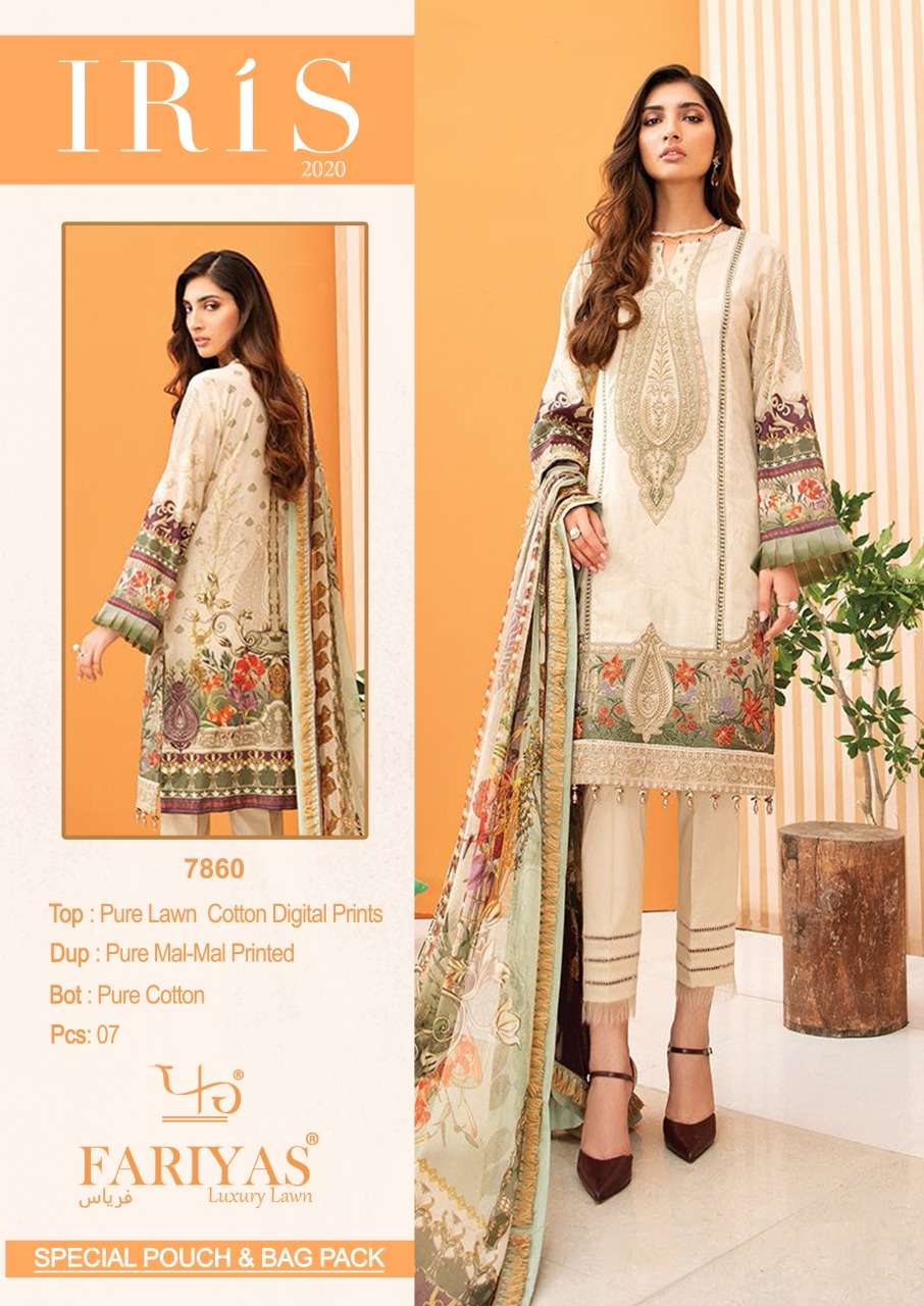 IRIS 2020 BY FARIYAS 7860 TO 7866 SERIES BEAUTIFUL SUITS STYLISH FANCY COLORFUL PARTY WEAR & OCCASIONAL WEAR PURE LAWN COTTON DIGITAL PRINTED DRESSES AT WHOLESALE PRICE