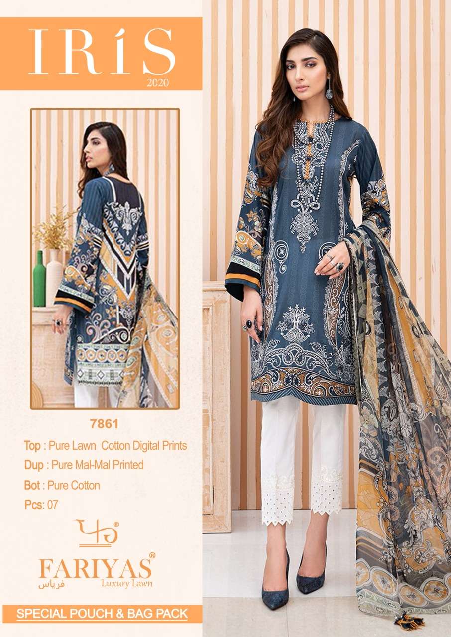 IRIS 2020 BY FARIYAS 7860 TO 7866 SERIES BEAUTIFUL SUITS STYLISH FANCY COLORFUL PARTY WEAR & OCCASIONAL WEAR PURE LAWN COTTON DIGITAL PRINTED DRESSES AT WHOLESALE PRICE