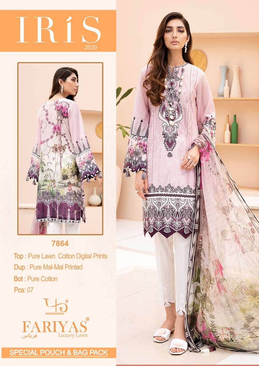 IRIS 2020 BY FARIYAS 7860 TO 7866 SERIES BEAUTIFUL SUITS STYLISH FANCY COLORFUL PARTY WEAR & OCCASIONAL WEAR PURE LAWN COTTON DIGITAL PRINTED DRESSES AT WHOLESALE PRICE