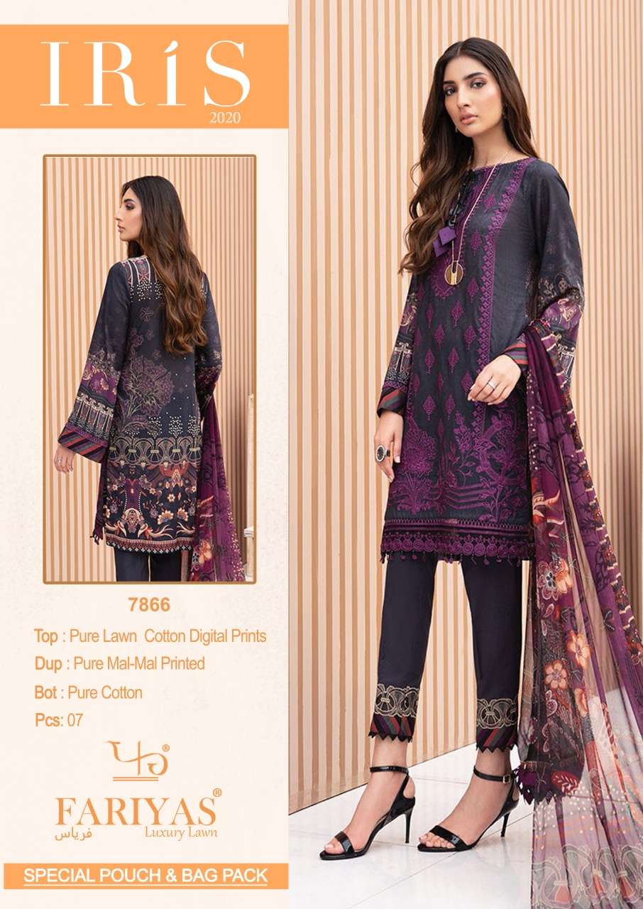 IRIS 2020 BY FARIYAS 7860 TO 7866 SERIES BEAUTIFUL SUITS STYLISH FANCY COLORFUL PARTY WEAR & OCCASIONAL WEAR PURE LAWN COTTON DIGITAL PRINTED DRESSES AT WHOLESALE PRICE