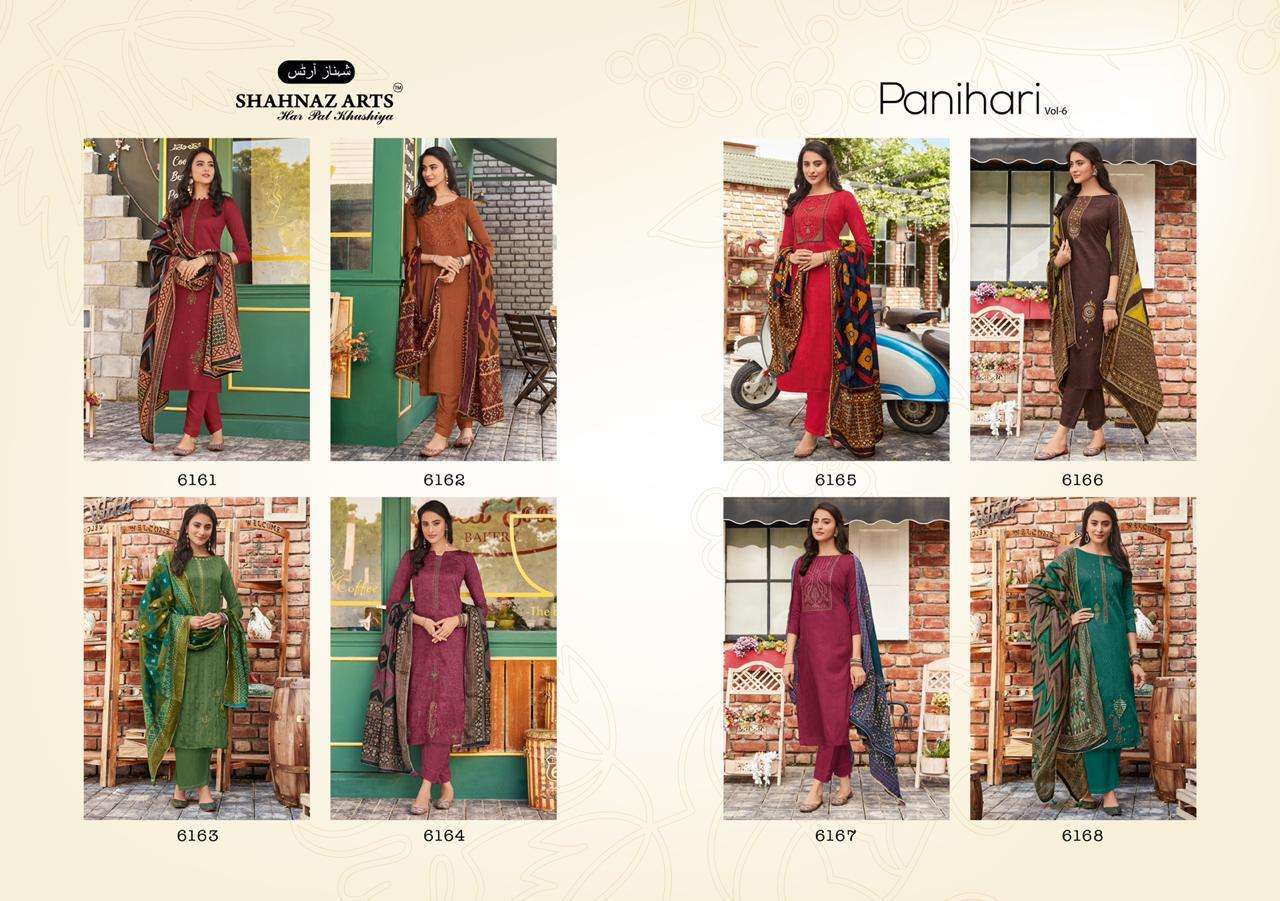 PANIHARI VOL-6 BY SHAHNAZ ARTS 6161 TO 6168 SERIES BEAUTIFUL SUITS STYLISH FANCY COLORFUL PARTY WEAR & OCCASIONAL WEAR JAM COTTON PRINTED WITH EMBROIDERY DRESSES AT WHOLESALE PRICE