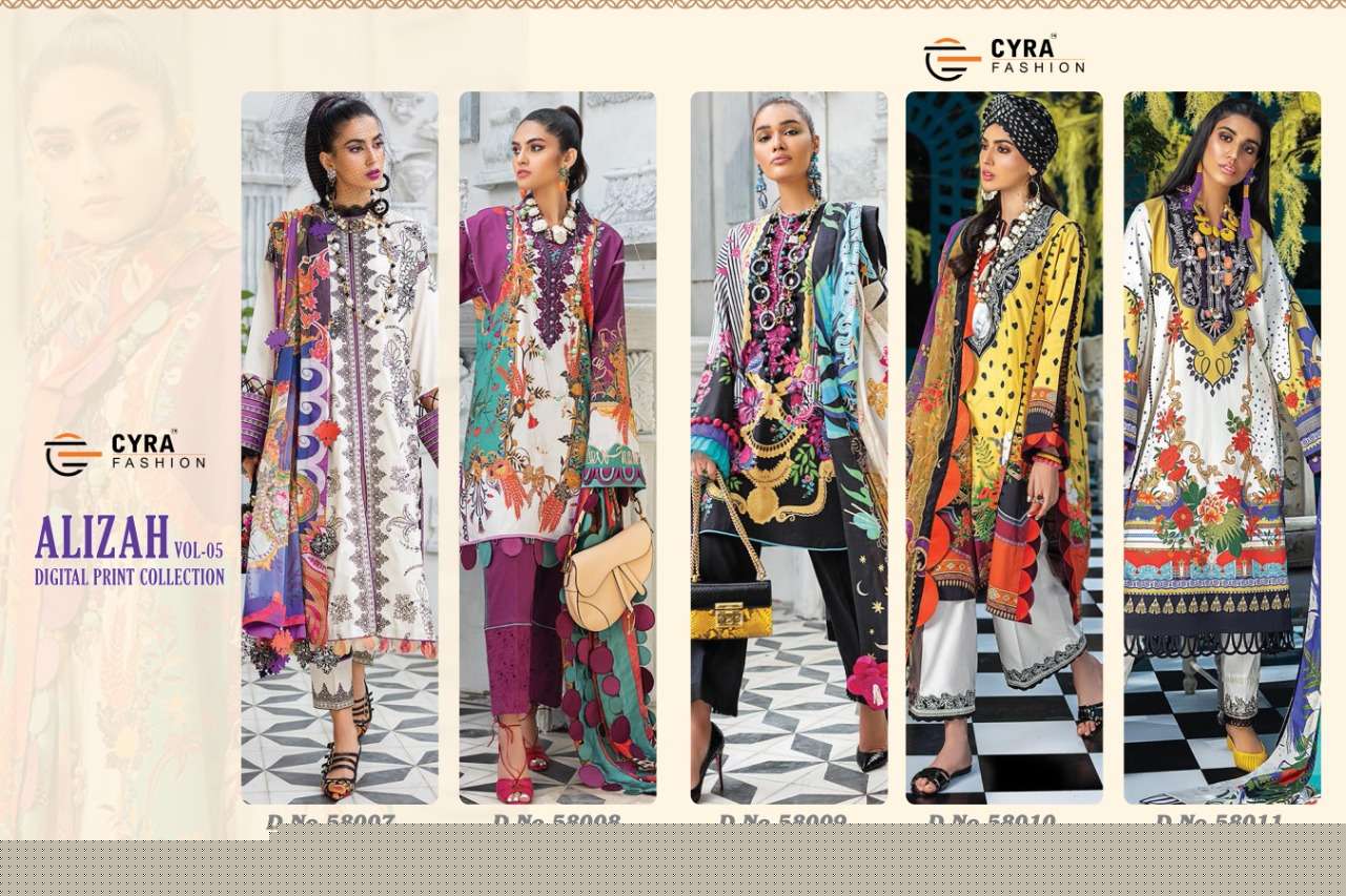 ALIZAH VOL-5 BY CYRA FASHION 58007 TO 58011 SERIES BEAUTIFUL SUITS STYLISH FANCY COLORFUL PARTY WEAR & OCCASIONAL WEAR JAM COTTON DIGITAL PRINTED DRESSES AT WHOLESALE PRICE