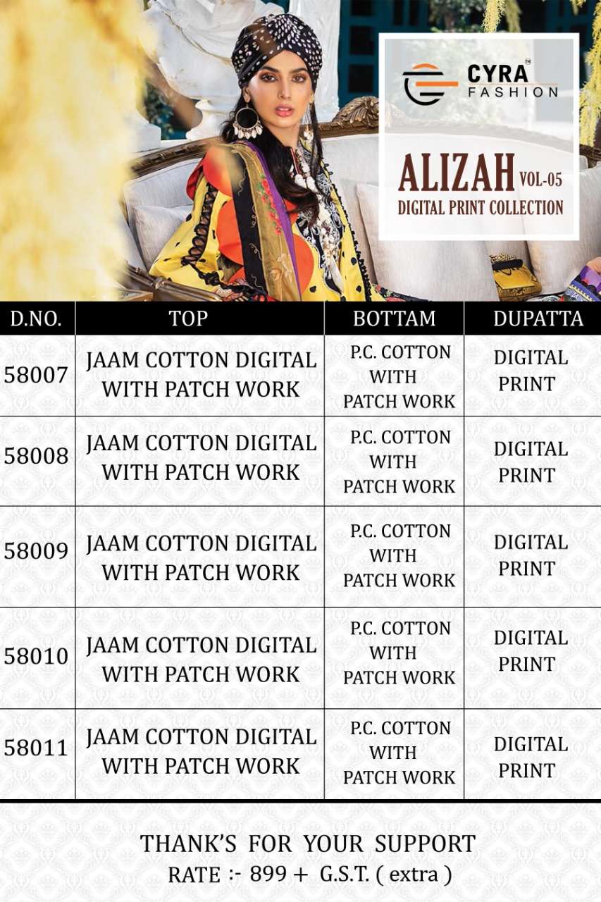 ALIZAH VOL-5 BY CYRA FASHION 58007 TO 58011 SERIES BEAUTIFUL SUITS STYLISH FANCY COLORFUL PARTY WEAR & OCCASIONAL WEAR JAM COTTON DIGITAL PRINTED DRESSES AT WHOLESALE PRICE