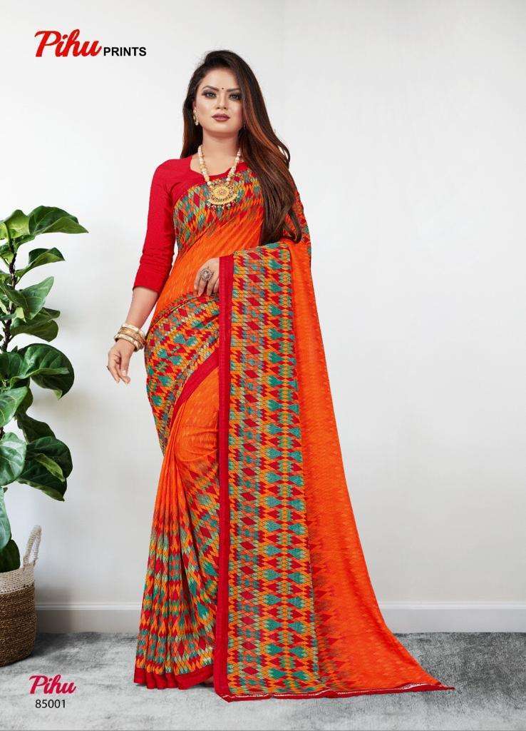 PIHU BY PIHU PRINTS 85001 TO 85015 SERIES INDIAN TRADITIONAL WEAR COLLECTION BEAUTIFUL STYLISH FANCY COLORFUL PARTY WEAR & OCCASIONAL WEAR PURE GEORGETTE PRINTED SAREES AT WHOLESALE PRICE