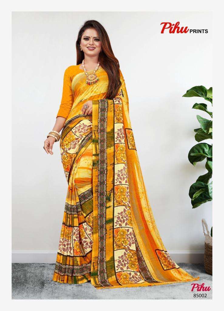 PIHU BY PIHU PRINTS 85001 TO 85015 SERIES INDIAN TRADITIONAL WEAR COLLECTION BEAUTIFUL STYLISH FANCY COLORFUL PARTY WEAR & OCCASIONAL WEAR PURE GEORGETTE PRINTED SAREES AT WHOLESALE PRICE