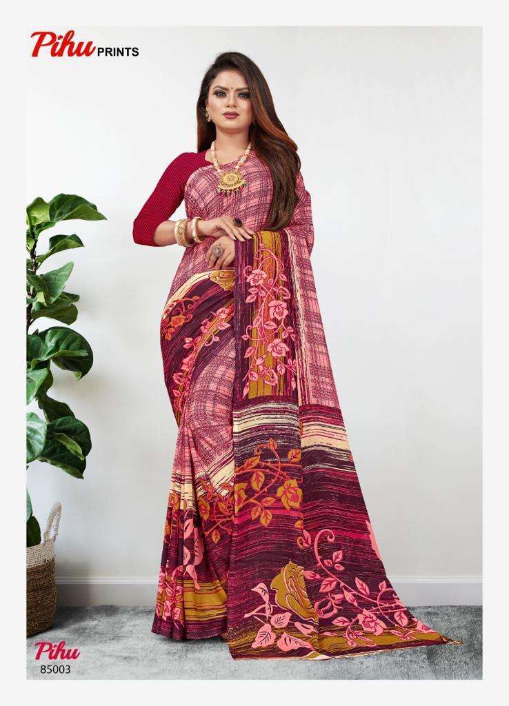 PIHU BY PIHU PRINTS 85001 TO 85015 SERIES INDIAN TRADITIONAL WEAR COLLECTION BEAUTIFUL STYLISH FANCY COLORFUL PARTY WEAR & OCCASIONAL WEAR PURE GEORGETTE PRINTED SAREES AT WHOLESALE PRICE