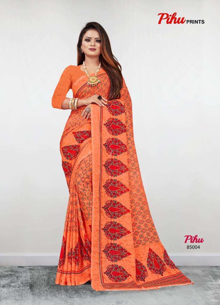 PIHU BY PIHU PRINTS 85001 TO 85015 SERIES INDIAN TRADITIONAL WEAR COLLECTION BEAUTIFUL STYLISH FANCY COLORFUL PARTY WEAR & OCCASIONAL WEAR PURE GEORGETTE PRINTED SAREES AT WHOLESALE PRICE