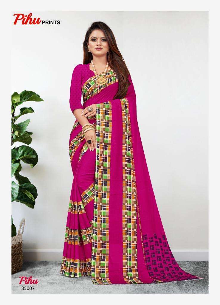 PIHU BY PIHU PRINTS 85001 TO 85015 SERIES INDIAN TRADITIONAL WEAR COLLECTION BEAUTIFUL STYLISH FANCY COLORFUL PARTY WEAR & OCCASIONAL WEAR PURE GEORGETTE PRINTED SAREES AT WHOLESALE PRICE