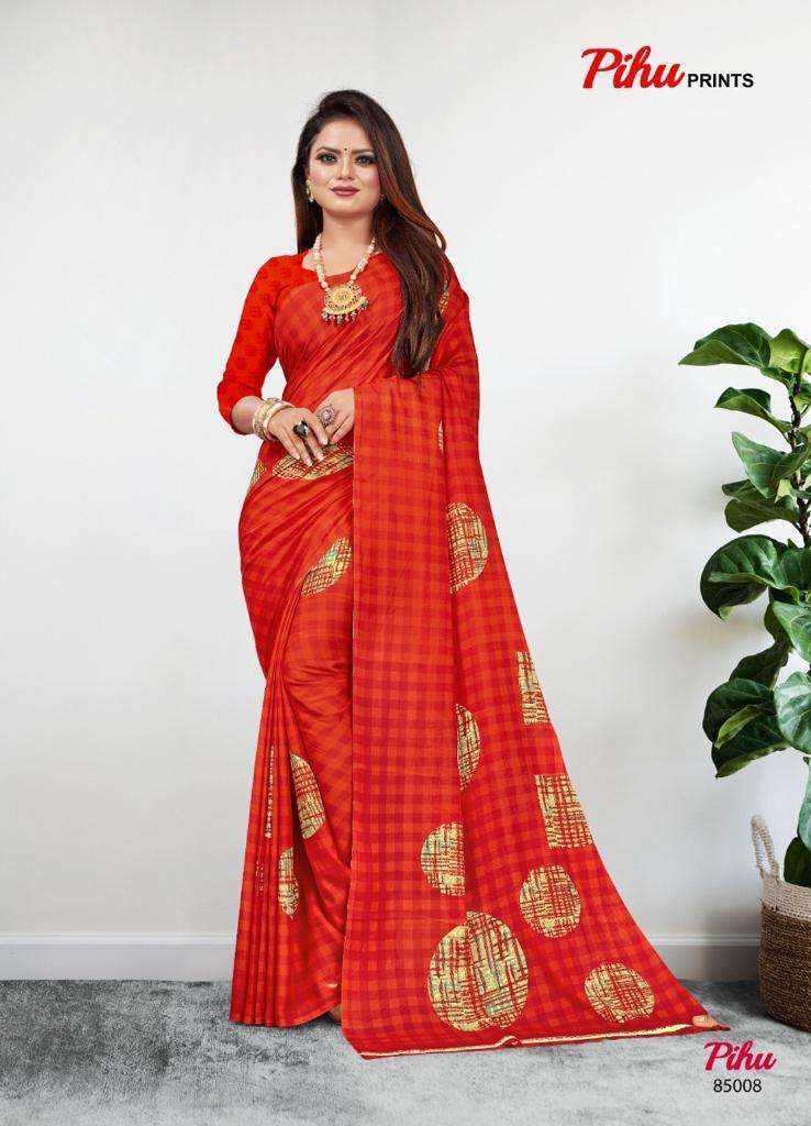 PIHU BY PIHU PRINTS 85001 TO 85015 SERIES INDIAN TRADITIONAL WEAR COLLECTION BEAUTIFUL STYLISH FANCY COLORFUL PARTY WEAR & OCCASIONAL WEAR PURE GEORGETTE PRINTED SAREES AT WHOLESALE PRICE