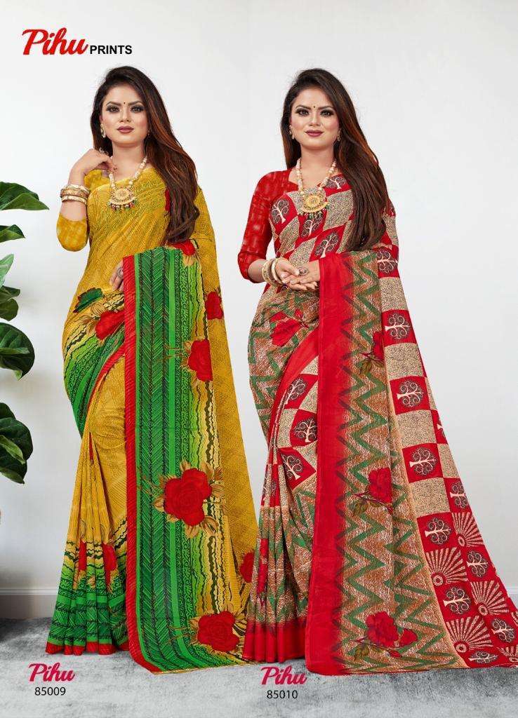 PIHU BY PIHU PRINTS 85001 TO 85015 SERIES INDIAN TRADITIONAL WEAR COLLECTION BEAUTIFUL STYLISH FANCY COLORFUL PARTY WEAR & OCCASIONAL WEAR PURE GEORGETTE PRINTED SAREES AT WHOLESALE PRICE