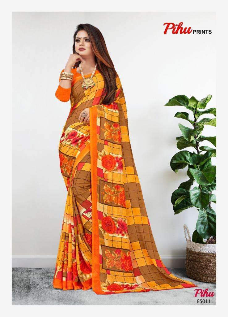 PIHU BY PIHU PRINTS 85001 TO 85015 SERIES INDIAN TRADITIONAL WEAR COLLECTION BEAUTIFUL STYLISH FANCY COLORFUL PARTY WEAR & OCCASIONAL WEAR PURE GEORGETTE PRINTED SAREES AT WHOLESALE PRICE