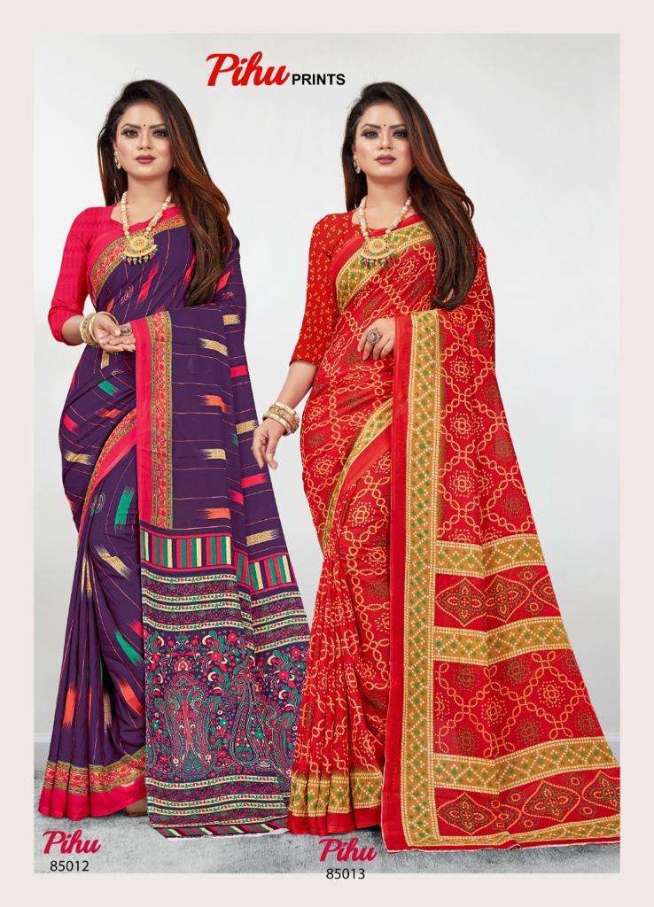 PIHU BY PIHU PRINTS 85001 TO 85015 SERIES INDIAN TRADITIONAL WEAR COLLECTION BEAUTIFUL STYLISH FANCY COLORFUL PARTY WEAR & OCCASIONAL WEAR PURE GEORGETTE PRINTED SAREES AT WHOLESALE PRICE