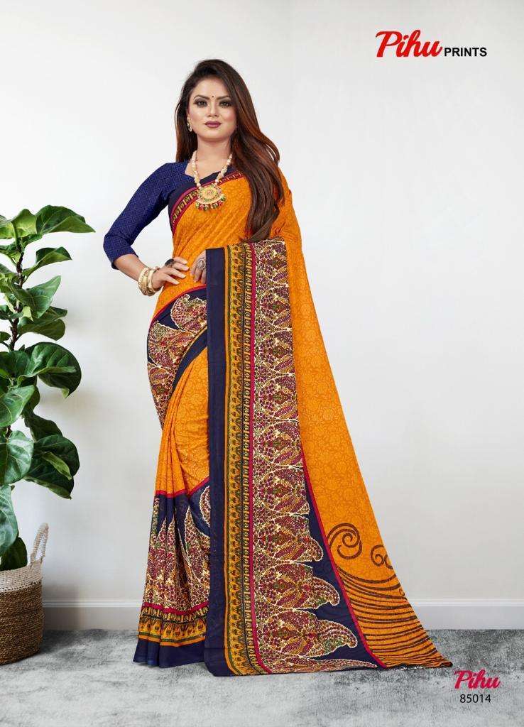PIHU BY PIHU PRINTS 85001 TO 85015 SERIES INDIAN TRADITIONAL WEAR COLLECTION BEAUTIFUL STYLISH FANCY COLORFUL PARTY WEAR & OCCASIONAL WEAR PURE GEORGETTE PRINTED SAREES AT WHOLESALE PRICE