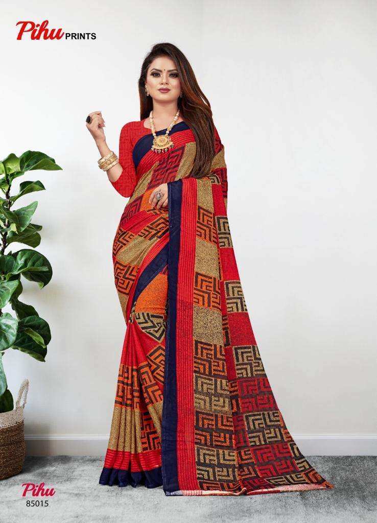 PIHU BY PIHU PRINTS 85001 TO 85015 SERIES INDIAN TRADITIONAL WEAR COLLECTION BEAUTIFUL STYLISH FANCY COLORFUL PARTY WEAR & OCCASIONAL WEAR PURE GEORGETTE PRINTED SAREES AT WHOLESALE PRICE