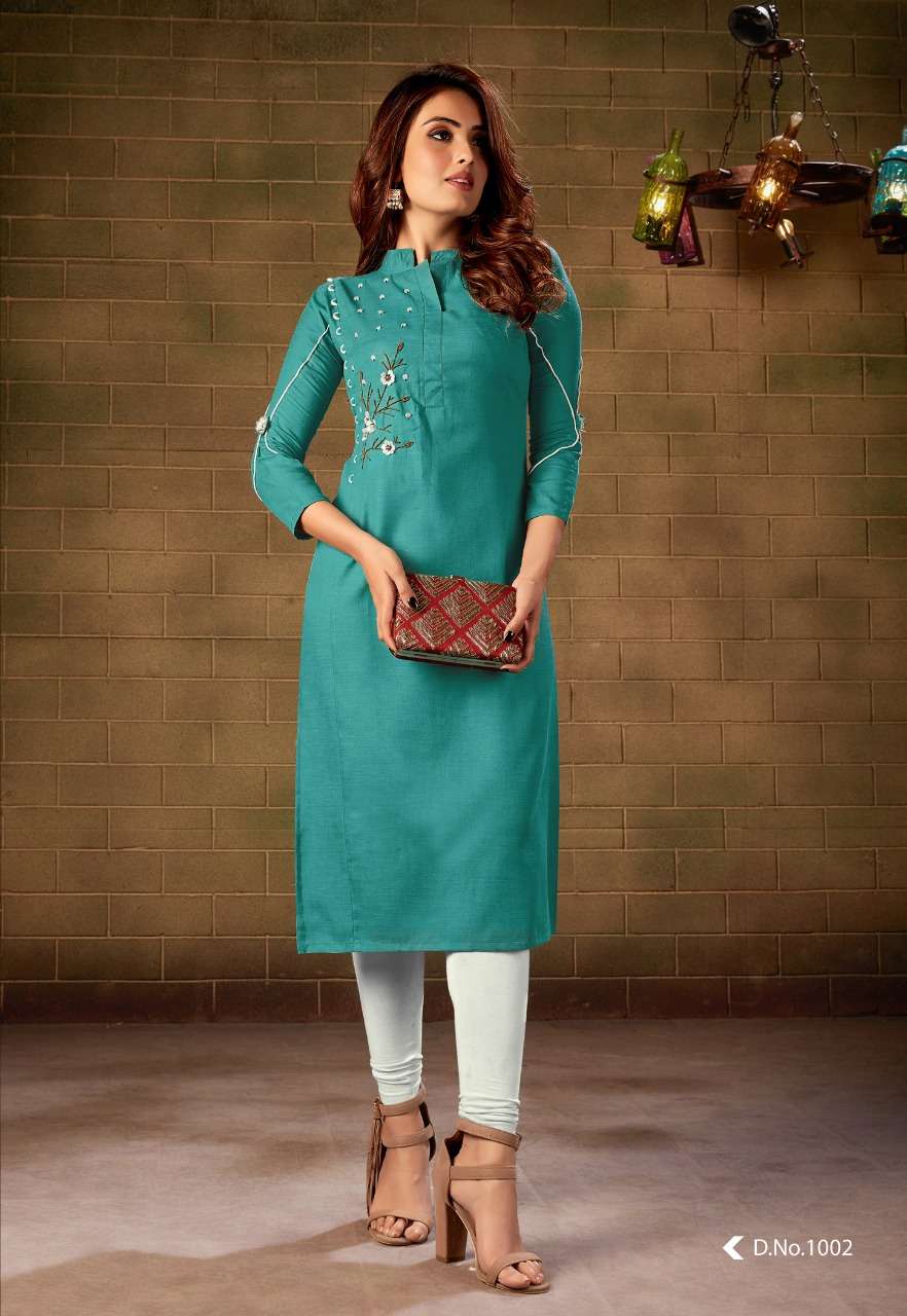 AMAYA BY SELESTA 1001 TO 1006 SERIES BEAUTIFUL COLORFUL STYLISH FANCY CASUAL WEAR & ETHNIC WEAR & READY TO WEAR OM SLUB WITH HAND WORK KURTIS AT WHOLESALE PRICE