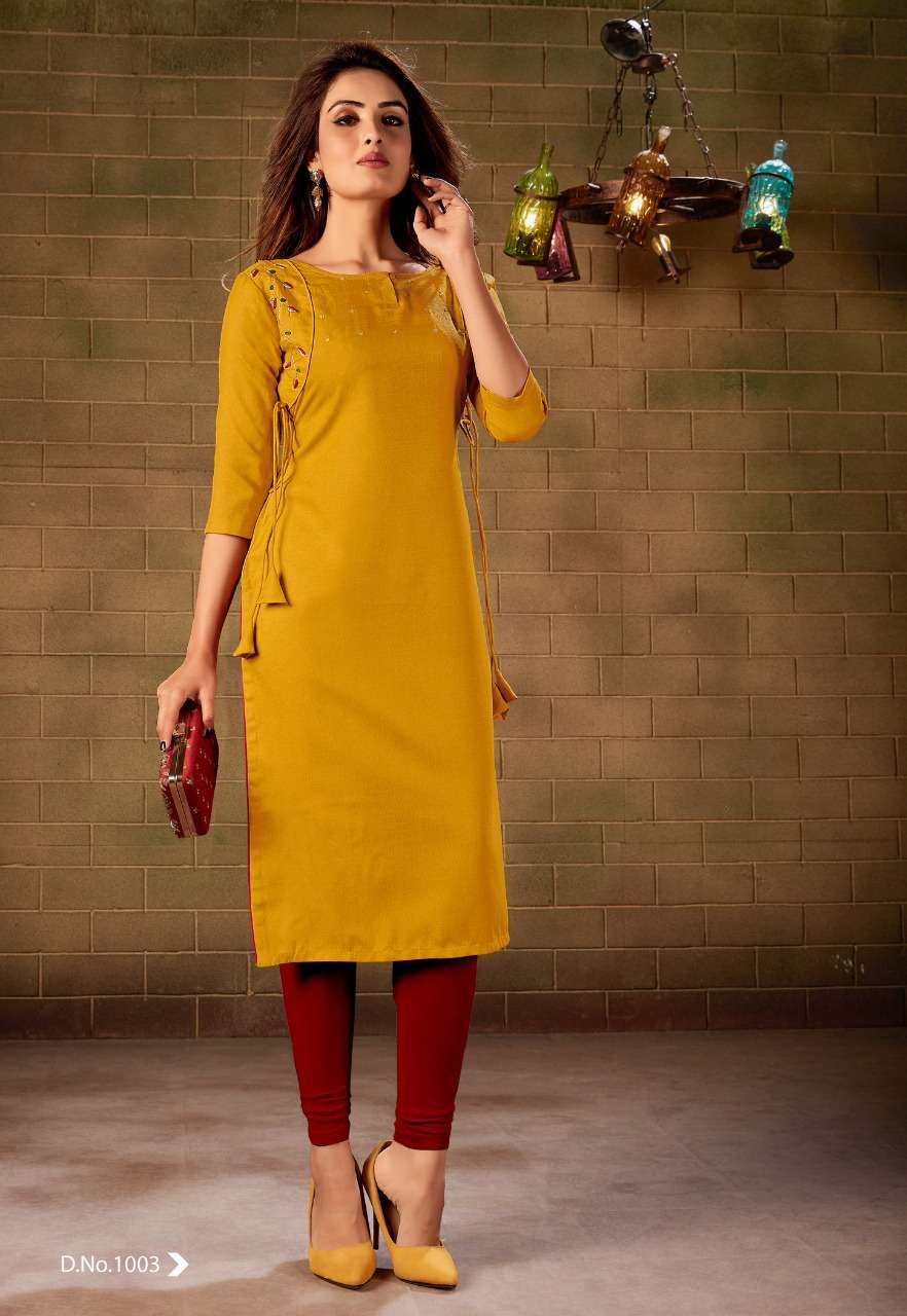 AMAYA BY SELESTA 1001 TO 1006 SERIES BEAUTIFUL COLORFUL STYLISH FANCY CASUAL WEAR & ETHNIC WEAR & READY TO WEAR OM SLUB WITH HAND WORK KURTIS AT WHOLESALE PRICE