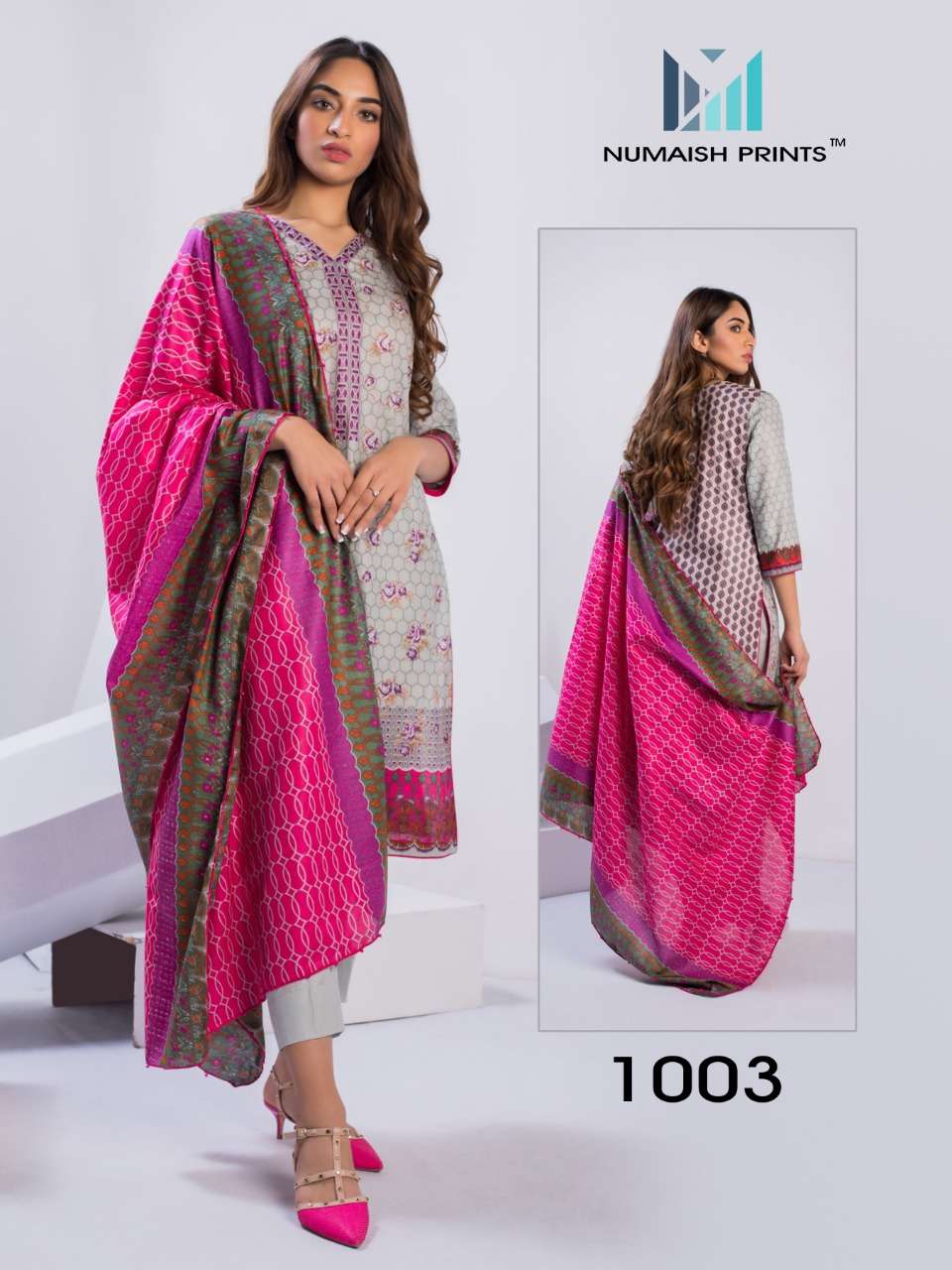 MISHAAL BY NUMAISH 1001 TO 1010 SERIES BEAUTIFUL COLORFUL STYLISH PRETTY PARTY WEAR CASUAL WEAR OCCASIONAL WEAR PREMIUM LAWN COTTON PRINTED DRESSES AT WHOLESALE PRICE