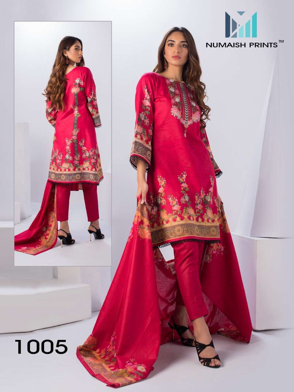 MISHAAL BY NUMAISH 1001 TO 1010 SERIES BEAUTIFUL COLORFUL STYLISH PRETTY PARTY WEAR CASUAL WEAR OCCASIONAL WEAR PREMIUM LAWN COTTON PRINTED DRESSES AT WHOLESALE PRICE