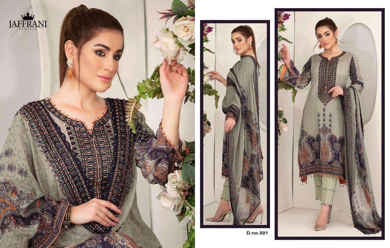 ASIF NABEEL LUXURY LAWN COLLECTION BY JAFFRANI 501 TO 510 SERIES BEAUTIFUL COLORFUL STYLISH FANCY CASUAL WEAR & ETHNIC WEAR & READY TO WEAR PURE LAWN PRINTED DRESSES AT WHOLESALE PRICE