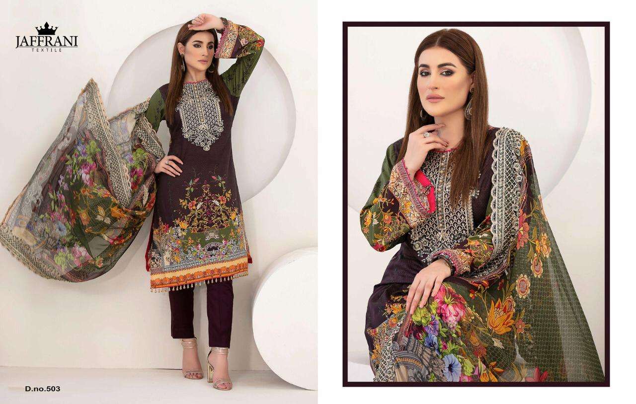 ASIF NABEEL LUXURY LAWN COLLECTION BY JAFFRANI 501 TO 510 SERIES BEAUTIFUL COLORFUL STYLISH FANCY CASUAL WEAR & ETHNIC WEAR & READY TO WEAR PURE LAWN PRINTED DRESSES AT WHOLESALE PRICE