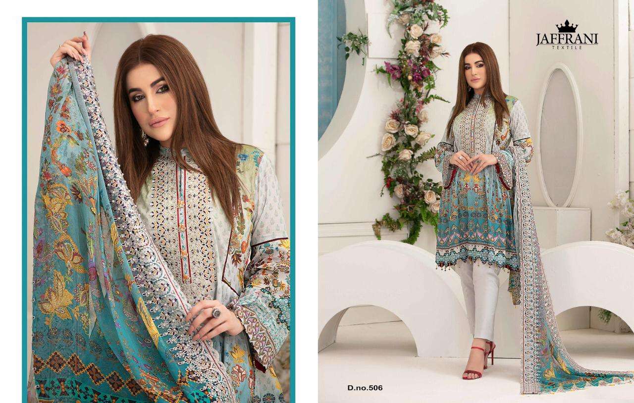 ASIF NABEEL LUXURY LAWN COLLECTION BY JAFFRANI 501 TO 510 SERIES BEAUTIFUL COLORFUL STYLISH FANCY CASUAL WEAR & ETHNIC WEAR & READY TO WEAR PURE LAWN PRINTED DRESSES AT WHOLESALE PRICE