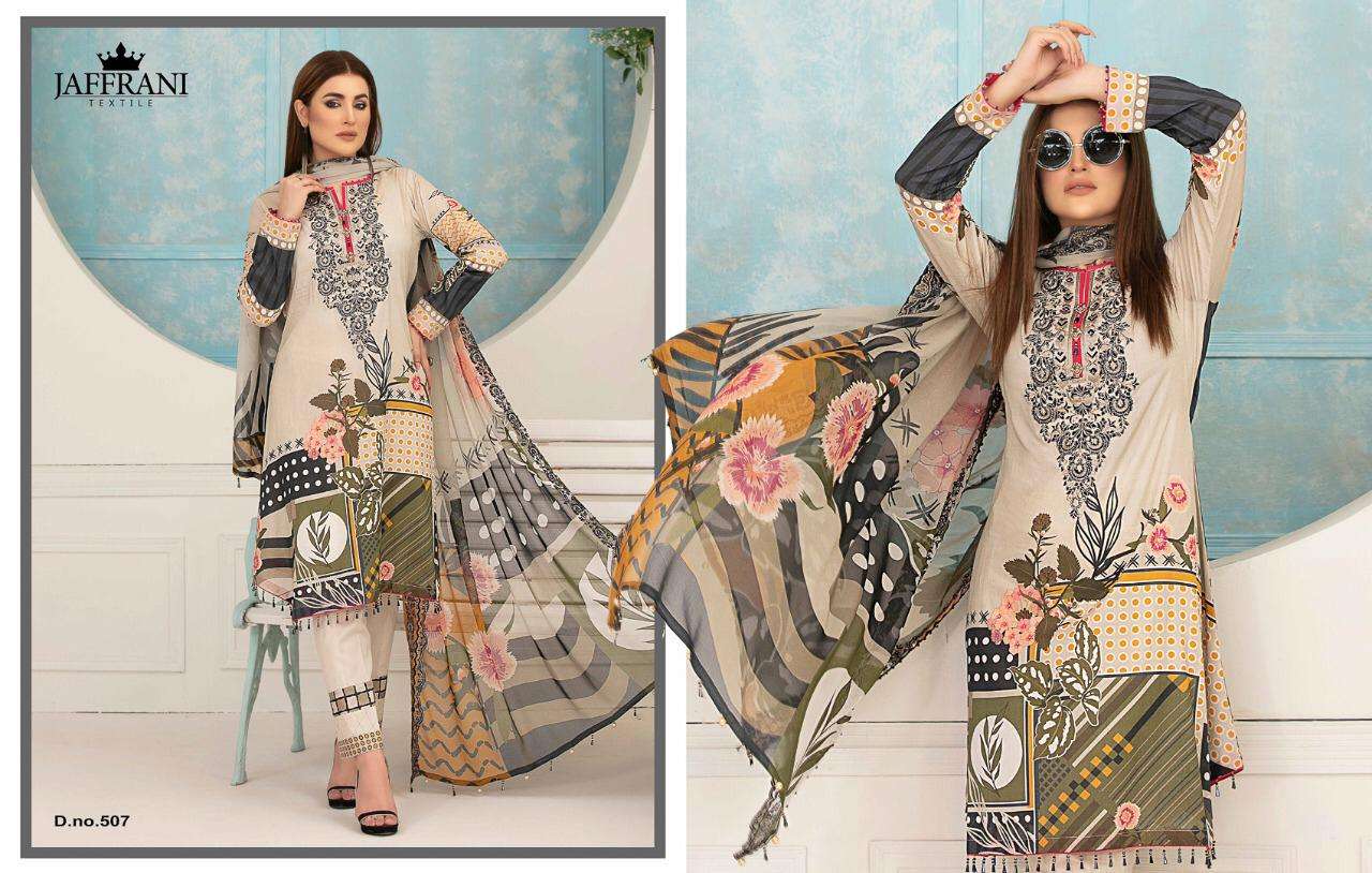 ASIF NABEEL LUXURY LAWN COLLECTION BY JAFFRANI 501 TO 510 SERIES BEAUTIFUL COLORFUL STYLISH FANCY CASUAL WEAR & ETHNIC WEAR & READY TO WEAR PURE LAWN PRINTED DRESSES AT WHOLESALE PRICE