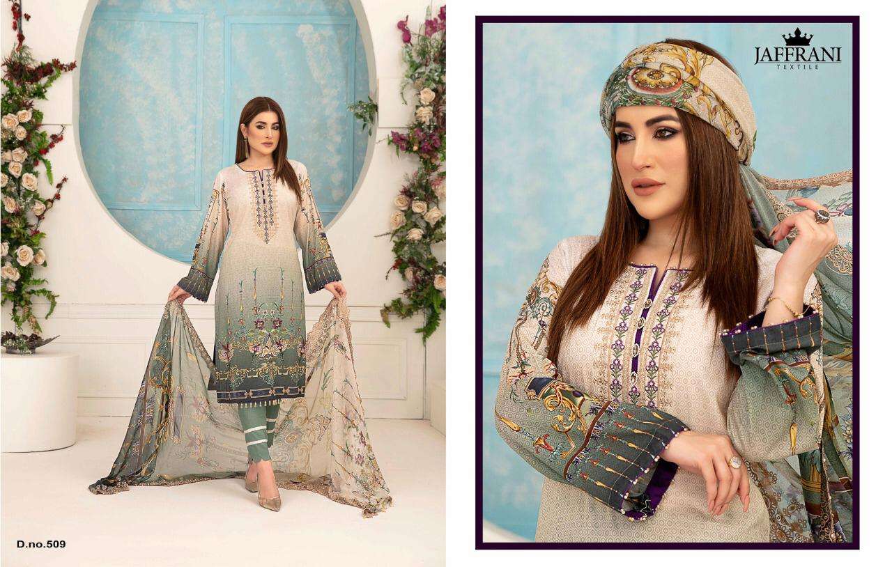 ASIF NABEEL LUXURY LAWN COLLECTION BY JAFFRANI 501 TO 510 SERIES BEAUTIFUL COLORFUL STYLISH FANCY CASUAL WEAR & ETHNIC WEAR & READY TO WEAR PURE LAWN PRINTED DRESSES AT WHOLESALE PRICE