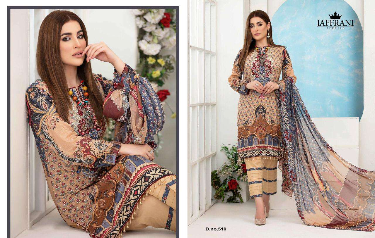 ASIF NABEEL LUXURY LAWN COLLECTION BY JAFFRANI 501 TO 510 SERIES BEAUTIFUL COLORFUL STYLISH FANCY CASUAL WEAR & ETHNIC WEAR & READY TO WEAR PURE LAWN PRINTED DRESSES AT WHOLESALE PRICE