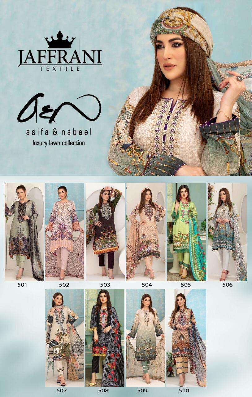 ASIF NABEEL LUXURY LAWN COLLECTION BY JAFFRANI 501 TO 510 SERIES BEAUTIFUL COLORFUL STYLISH FANCY CASUAL WEAR & ETHNIC WEAR & READY TO WEAR PURE LAWN PRINTED DRESSES AT WHOLESALE PRICE