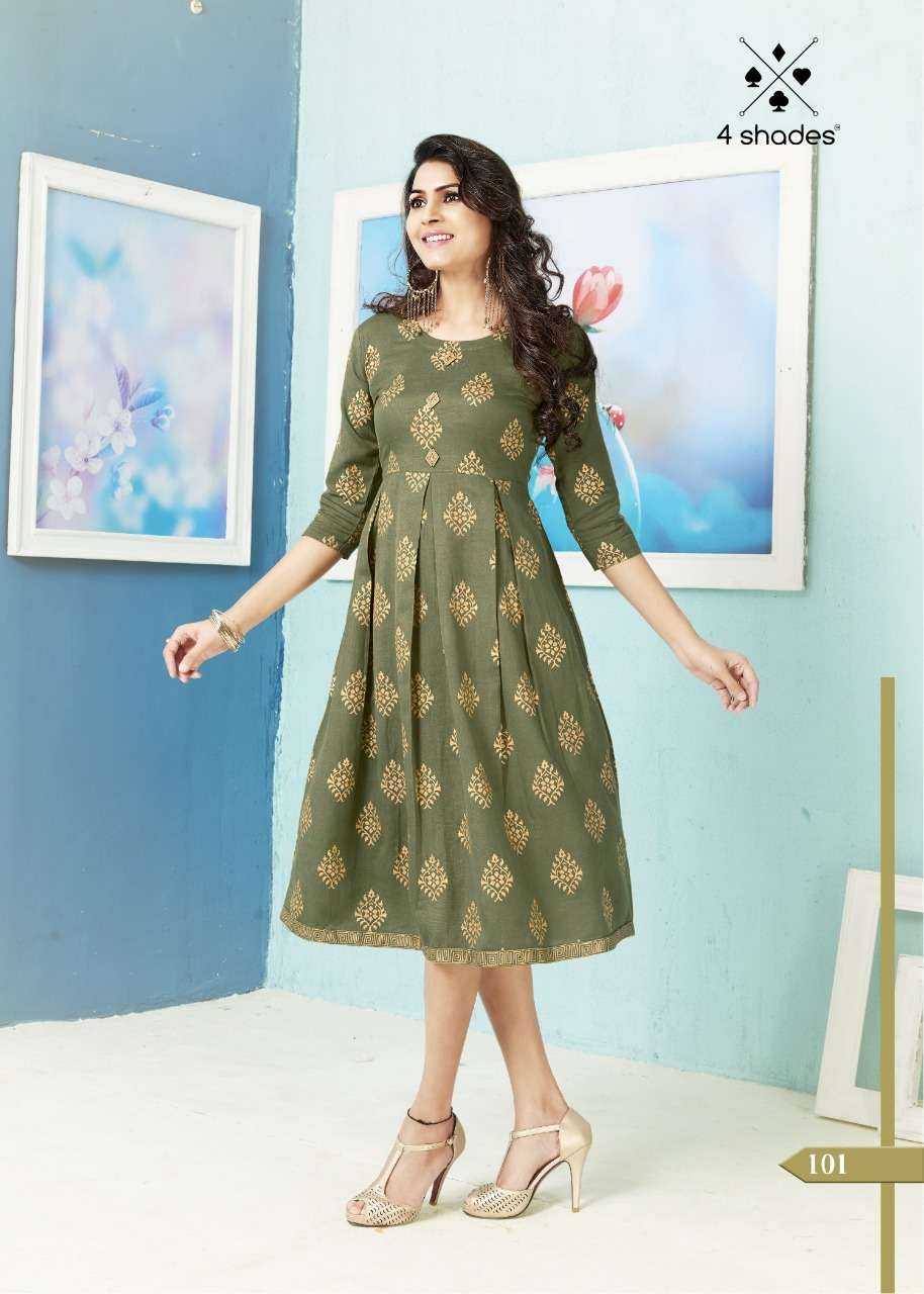 FEEL N FLOW BY 4 SHADES 101 TO 106 SERIES DESIGNER BEAUTIFUL STYLISH FANCY COLORFUL PARTY WEAR & OCCASIONAL WEAR FLEX RAYON PRINTED KURTIS AT WHOLESALE PRICE