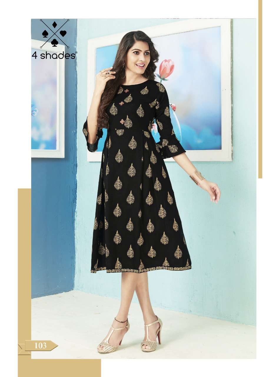 FEEL N FLOW BY 4 SHADES 101 TO 106 SERIES DESIGNER BEAUTIFUL STYLISH FANCY COLORFUL PARTY WEAR & OCCASIONAL WEAR FLEX RAYON PRINTED KURTIS AT WHOLESALE PRICE