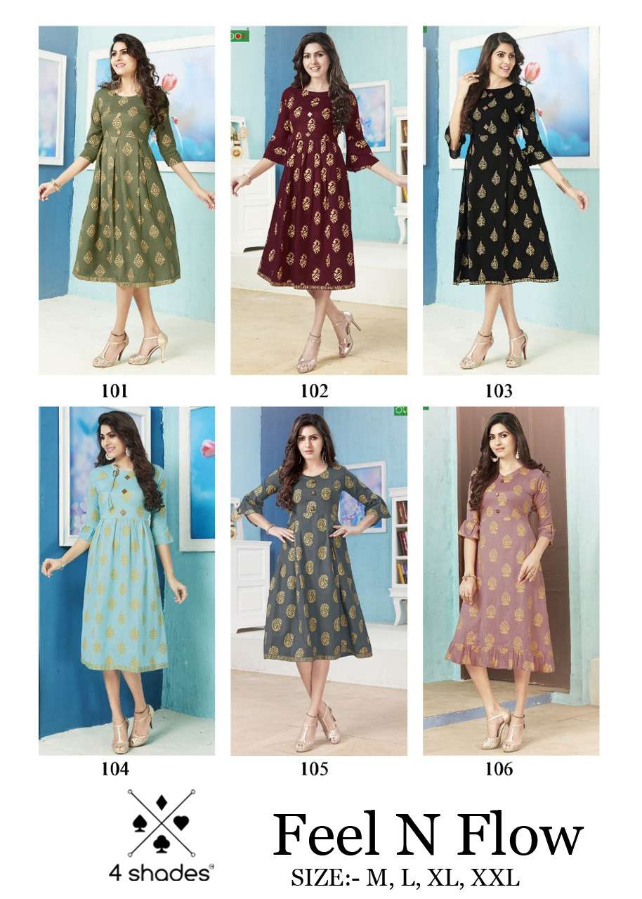 FEEL N FLOW BY 4 SHADES 101 TO 106 SERIES DESIGNER BEAUTIFUL STYLISH FANCY COLORFUL PARTY WEAR & OCCASIONAL WEAR FLEX RAYON PRINTED KURTIS AT WHOLESALE PRICE