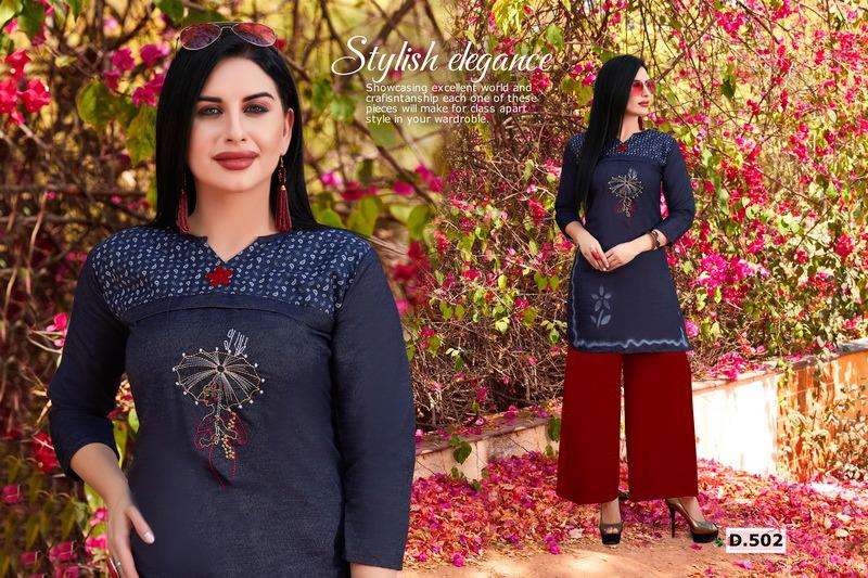MANN BY HONEY 501 TO 510 SERIES BEAUTIFUL COLORFUL STYLISH FANCY CASUAL WEAR & ETHNIC WEAR & READY TO WEAR SILKY DENIM KURTIS AT WHOLESALE PRICE