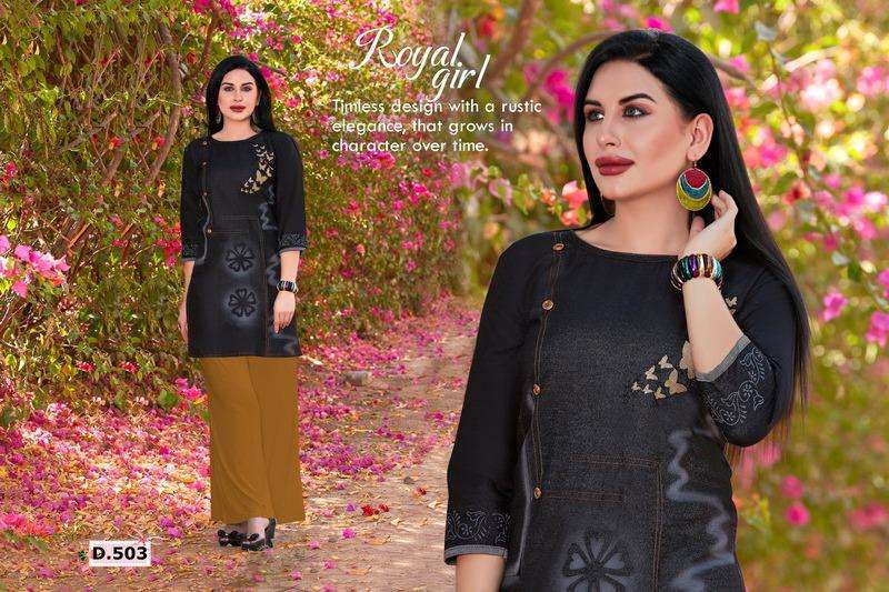 MANN BY HONEY 501 TO 510 SERIES BEAUTIFUL COLORFUL STYLISH FANCY CASUAL WEAR & ETHNIC WEAR & READY TO WEAR SILKY DENIM KURTIS AT WHOLESALE PRICE
