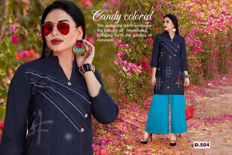 MANN BY HONEY 501 TO 510 SERIES BEAUTIFUL COLORFUL STYLISH FANCY CASUAL WEAR & ETHNIC WEAR & READY TO WEAR SILKY DENIM KURTIS AT WHOLESALE PRICE